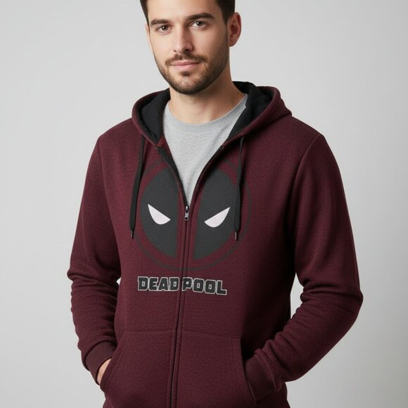 Marvel Deadpool Drawstring Hoodie Burgundy Zip Up Logo Sweater Men's Size L - Picture 3 of 5